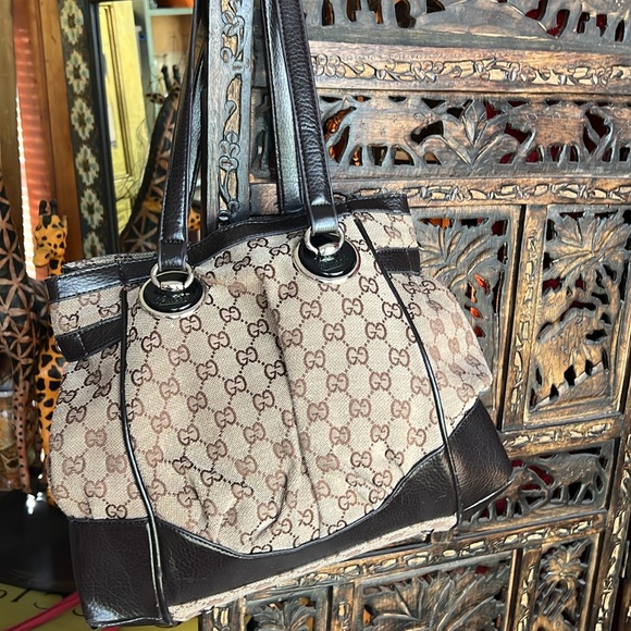 Vintage GUCCI Beige/Ebony GG Canvas Full Moon Medium Tote Bag - Picture 10 of 15